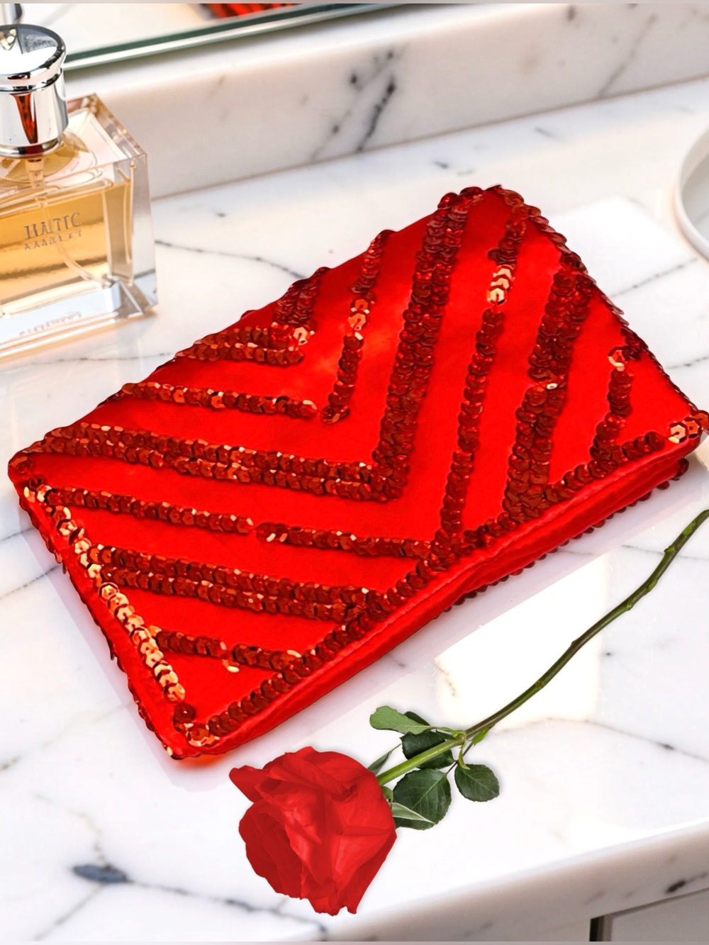 Vintage Red Sequin Chevron Evening Clutch Bag Purse - Red Satin Lining